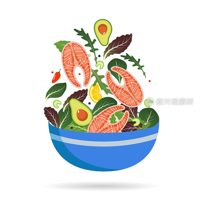 Bowl of fresh mix of salad leaves, vegetables and salmon. Arugula, lemon, avocado and peppers. Vector illustration.